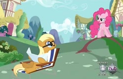 Size: 544x350 | Tagged: safe, screencap, character:apple cobbler, character:pinkie pie, episode:a friend in deed, g4, my little pony: friendship is magic, apple family member, background pony, bedroom eyes, hub logo, out of context, tree