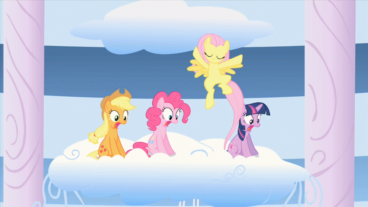 Size: 1280x720 | Tagged: safe, screencap, character:applejack, character:fluttershy, character:pinkie pie, character:twilight sparkle, episode:sonic rainboom, g4, my little pony: friendship is magic, animated, cheering, cloudsdale, happy, jumping, loop, reaction image, shocked