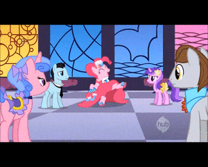 Size: 300x240 | Tagged: safe, screencap, character:amethyst star, character:pinkie pie, character:sparkler, species:earth pony, species:pony, species:unicorn, episode:the best night ever, g4, my little pony: friendship is magic, amethyst star is not amused, animated, background pony, bipedal, can-can, clothing, dress, dress lift, eyes closed, female, flower, flower in hair, gala dress, grand galloping gala, hub logo, kicking, loop, male, mare, saddle, skirt, stallion, tack