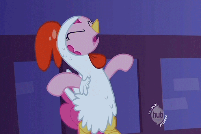Size: 696x464 | Tagged: safe, screencap, character:pinkie pie, species:pony, episode:luna eclipsed, g4, my little pony: friendship is magic, animal costume, animated, bipedal, chicken pie, chicken suit, clothing, costume, egg, feather, flailing, hub logo, hubble, laying an egg, nightmare night, oviposition, scared, solo