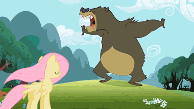 Size: 380x214 | Tagged: safe, screencap, character:fluttershy, character:harry, species:pegasus, species:pony, episode:lesson zero, g4, my little pony: friendship is magic, angry, animal abuse, animated, bear, biting, crying, eyes closed, female, fluttershy kills a bear, flying, frown, glare, gritted teeth, kicking, mare, open mouth, roar, stomping, you know for kids