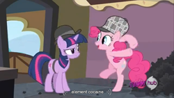 Size: 1366x768 | Tagged: safe, screencap, character:pinkie pie, character:twilight sparkle, species:earth pony, species:pony, species:unicorn, episode:mmmystery on the friendship express, g4, my little pony: friendship is magic, clothing, cocaine, deerstalker, duo, female, hat, hub logo, junkie pie, low quality, mare, nailed it, sherlock holmes, youtube caption, youtube link