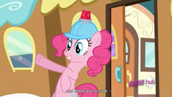 Size: 1366x768 | Tagged: safe, screencap, character:pinkie pie, episode:mmmystery on the friendship express, g4, my little pony: friendship is magic, hub logo, youtube caption, youtube link