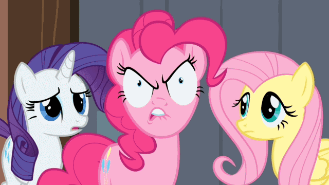 Size: 640x360 | Tagged: safe, screencap, character:fluttershy, character:pinkie pie, character:rarity, episode:the last roundup, g4, my little pony: friendship is magic, animated, animation error, pinkie promise, rage