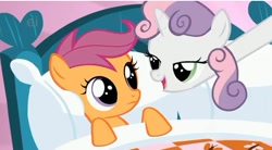 Size: 636x351 | Tagged: safe, screencap, character:scootaloo, character:sweetie belle, species:pegasus, species:pony, episode:stare master, g4, my little pony: friendship is magic, bed, hush now quiet now, lidded eyes, long neck, long pony, out of context, stretching, sweetie giraffe