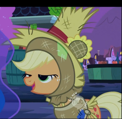 Size: 1165x1141 | Tagged: safe, screencap, character:applejack, character:princess luna, species:alicorn, species:earth pony, species:pony, episode:luna eclipsed, g4, my little pony: friendship is magic, apple, appul, clothing, costume, cropped, derp, female, food, hat, lidded eyes, mare, open mouth, scarecrow, smiling, solo focus
