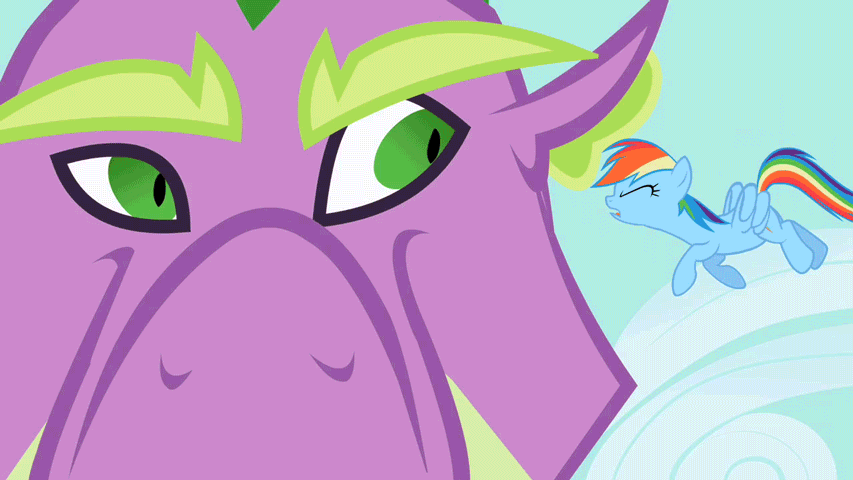 Size: 853x480 | Tagged: safe, screencap, character:fluttershy, character:rainbow dash, character:spike, episode:secret of my excess, g4, my little pony: friendship is magic, adult spike, animated, good cop bad cop, older, spikezilla