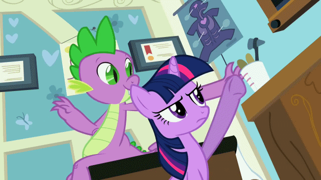 Size: 640x360 | Tagged: safe, screencap, character:spike, character:twilight sparkle, character:twilight sparkle (unicorn), species:dragon, species:pony, species:unicorn, episode:secret of my excess, g4, my little pony: friendship is magic, anatomy chart, animated, chart, claws, cute, disappointed, doctor's office, female, greed spike, loop, male, mama twilight, mare, pouting, reaching, sin of greed, slap, slit eyes, talking, teenage spike, tough love, twiabetes, worried