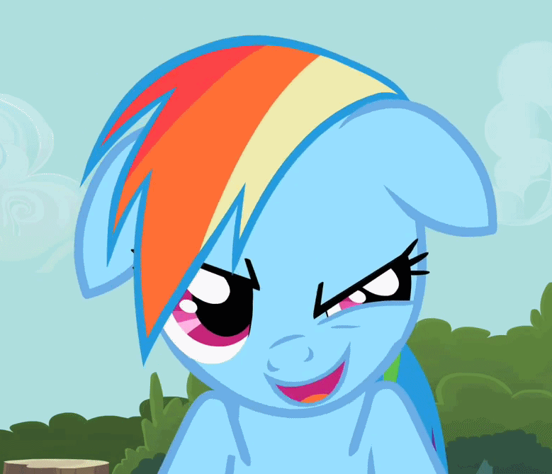Size: 779x669 | Tagged: safe, screencap, character:rainbow dash, animated, evil grin, floppy ears, grin, smiling, solo