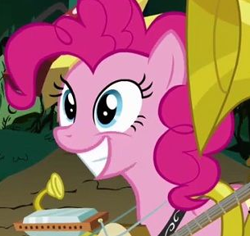 Size: 305x288 | Tagged: safe, screencap, character:pinkie pie, species:earth pony, species:pony, episode:swarm of the century, g4, my little pony: friendship is magic, accordion, banjo, female, harmonica, mare, musical instrument, one-pony band, smiling, solo, sousaphone, tuba