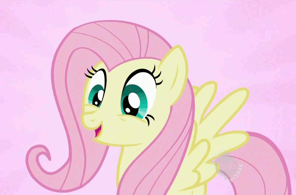 Size: 955x631 | Tagged: safe, screencap, character:fluttershy, species:pegasus, species:pony, episode:may the best pet win, g4, my little pony: friendship is magic, all new, animated, blinking, cute, eye shimmer, happy, hub logo, pink background, shyabetes, simple background, spread wings, text, wings