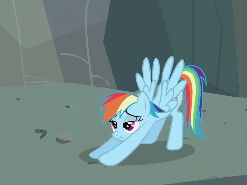 Size: 800x600 | Tagged: safe, screencap, character:rainbow dash, episode:may the best pet win, g4, my little pony: friendship is magic, animated, brony history, iwtcird, meme origin, scrunchy face, stretching