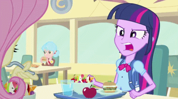 Size: 586x325 | Tagged: safe, screencap, character:fluttershy, character:twilight sparkle, equestria girls:equestria girls, g4, my little pony:equestria girls, animated, apple, eating, humans doing horse things