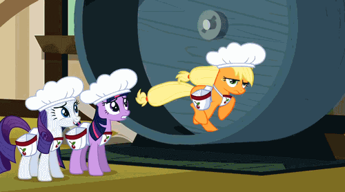 Size: 500x278 | Tagged: safe, screencap, character:applejack, character:fluttershy, character:pinkie pie, character:rarity, character:twilight sparkle, species:earth pony, species:pony, episode:the last roundup, g4, my little pony: friendship is magic, animated, cherry, female, full mouth, mare, puffy cheeks, running, swallow, treadmill, wheel, yellow cherry