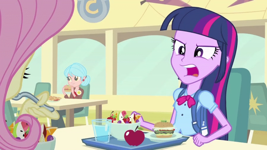Size: 900x506 | Tagged: safe, screencap, character:fluttershy, character:twilight sparkle, equestria girls:equestria girls, g4, my little pony:equestria girls, adorkable, animated, apple, background human, burger, cafeteria, cute, dork, eating, food, hamburger, nom, table