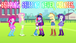 Size: 1280x721 | Tagged: safe, screencap, character:applejack, character:fluttershy, character:pinkie pie, character:rainbow dash, character:rarity, character:twilight sparkle, character:twilight sparkle (alicorn), species:alicorn, ship:twidash, equestria girls:equestria girls, g4, my little pony:equestria girls, canterlot high, eyes closed, giggling, humane five, humane six, image macro, implied lesbian, implied shipping, implied twidash, mane six, open mouth, rainbow text, shipping, shipping fuel, soccer field