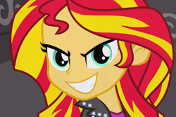 Size: 711x473 | Tagged: safe, screencap, character:sunset shimmer, equestria girls:equestria girls, g4, my little pony:equestria girls, evil grin, grin, pure unfiltered evil, reaction image, smiling, solo