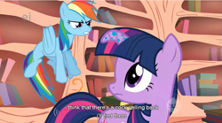 Size: 853x474 | Tagged: safe, screencap, character:rainbow dash, character:twilight sparkle, episode:bridle gossip, g4, my little pony: friendship is magic, golden oaks library, twilight flopple, youtube caption