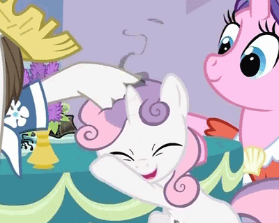 Size: 400x319 | Tagged: safe, screencap, character:cookie crumbles, character:hondo flanks, character:sweetie belle, species:pony, species:unicorn, ship:cookieflanks, episode:sisterhooves social, g4, my little pony: friendship is magic, animated, bipedal, bipedal leaning, clothing, cute, diasweetes, eyes closed, female, filly, flower, hat, leaning, male, mare, noogie, open mouth, out of context, petting, rarity's parents, shipping, shirt, smiling, smoke, stallion