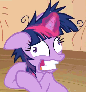Size: 333x355 | Tagged: safe, screencap, character:twilight sparkle, episode:lesson zero, g4, my little pony: friendship is magic, animated, derp, fiddling, floppy ears, grin, insanity, magic, messy mane, reaction image, smiling, solo, twilight snapple