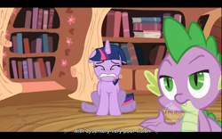 Size: 1024x640 | Tagged: safe, screencap, character:spike, character:twilight sparkle, episode:lesson zero, g4, my little pony: friendship is magic, hub logo, youtube caption