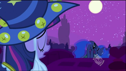 Size: 1280x720 | Tagged: safe, screencap, character:princess luna, character:twilight sparkle, episode:luna eclipsed, g4, my little pony: friendship is magic, clothing, costume, duo, hub logo, nightmare night costume, plot, star swirl the bearded costume