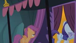 Size: 1280x720 | Tagged: safe, screencap, character:rarity, character:scootaloo, species:pegasus, species:pony, episode:sleepless in ponyville, g4, my little pony: friendship is magic, eyes on the prize, female, lidded eyes, mare, out of context, plot, season 3, spread wings, wingboner, wings