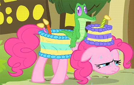 Size: 445x284 | Tagged: safe, screencap, character:gummy, character:pinkie pie, species:earth pony, species:pony, episode:party of one, g4, my little pony: friendship is magic, animated, dancing, female, gummy doesn't give a fuck, riding, singing, tired