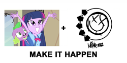 Size: 1000x500 | Tagged: safe, screencap, character:spike, character:twilight sparkle, species:dog, equestria girls:equestria girls, g4, my little pony:equestria girls, blink 182, exploitable meme, make it happen, meme, spike the dog