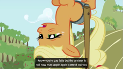 Size: 639x359 | Tagged: safe, screencap, character:applejack, episode:applebuck season, g4, my little pony: friendship is magic, frown, gay fatty, open mouth, solo, tired, upside down, youtube caption