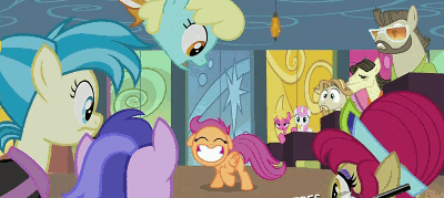 Size: 400x179 | Tagged: safe, screencap, character:allie way, character:big wig, character:cherry berry, character:jeff letrotski, character:sassaflash, character:scootaloo, character:sea swirl, character:twinkleshine, species:pegasus, species:pony, episode:the cutie pox, g4, my little pony: friendship is magic, animated, colter sobchak, dancing, funny, funny as hell, funny face, hilarious in hindsight, humor, silly, silly face, silly pony, theodore donald "donny" kerabatsos
