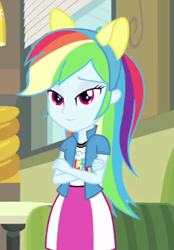 Size: 350x504 | Tagged: safe, screencap, character:rainbow dash, equestria girls:equestria girls, g4, my little pony:equestria girls, cropped, fake ears, lidded eyes, pony ears, solo