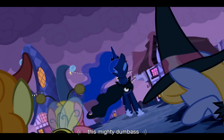 Size: 1024x640 | Tagged: safe, screencap, character:carrot top, character:cherry berry, character:cloud kicker, character:golden harvest, character:princess luna, species:pony, episode:luna eclipsed, g4, my little pony: friendship is magic, bowing, cloak, clothing, ethereal mane, eyeliner, eyes closed, female, flowing mane, folded wings, frown, hoof shoes, humor, makeup, mare, night, nightmare night, scared, vulgar, walking, wind, wings, youtube caption
