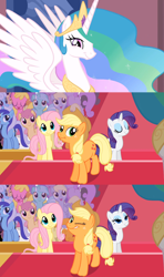 Size: 1920x3240 | Tagged: safe, screencap, character:applejack, character:cherry berry, character:derpy hooves, character:fluttershy, character:linky, character:lyra heartstrings, character:minuette, character:princess celestia, character:rarity, character:shoeshine, species:alicorn, species:earth pony, species:pegasus, species:pony, species:unicorn, episode:the return of harmony, g4, my little pony: friendship is magic, crossover, han solo, princess leia, star wars, underp, wink