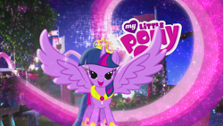 Size: 960x540 | Tagged: safe, official, screencap, character:twilight sparkle, character:twilight sparkle (alicorn), species:alicorn, species:pony, big crown thingy, commercial, element of magic, female, lidded eyes, logo, looking at you, mare, my little pony logo, ponies in real life, solo