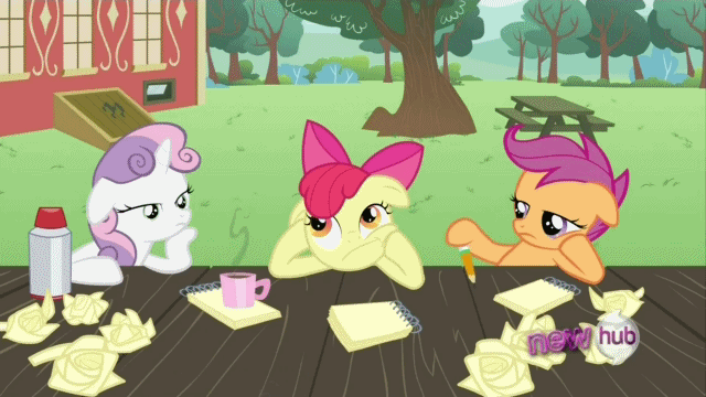 Size: 640x360 | Tagged: safe, screencap, character:apple bloom, character:scootaloo, character:sweetie belle, species:pegasus, species:pony, episode:ponyville confidential, g4, my little pony: friendship is magic, animated, bored, coffee mug, cutie mark crusaders, hub logo, mug, pondering, sudden clarity sweetie belle, thinking bloom
