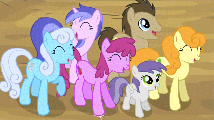 Size: 750x422 | Tagged: safe, screencap, character:berry punch, character:berryshine, character:carrot top, character:doctor whooves, character:golden harvest, character:linky, character:sea swirl, character:shoeshine, character:time turner, character:tornado bolt, episode:it's about time, g4, my little pony: friendship is magic, animated, background pony, laughing, laughingmares.jpg, loop, stomping