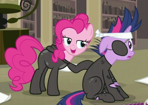 Size: 510x360 | Tagged: safe, screencap, character:pinkie pie, character:twilight sparkle, species:earth pony, species:pony, species:unicorn, episode:it's about time, g4, my little pony: friendship is magic, animated, bandage, bedroom eyes, catsuit, eyepatch, floppy ears, future twilight, out of context, rubbing, sitting, smiling