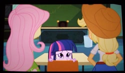 Size: 1016x594 | Tagged: safe, screencap, character:applejack, character:fluttershy, character:twilight sparkle, equestria girls:equestria girls, g4, my little pony:equestria girls, chair, classroom, hiding, table