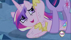 Size: 1366x768 | Tagged: safe, screencap, character:princess cadance, character:twilight sparkle, episode:a canterlot wedding, g4, my little pony: friendship is magic, hub logo, low quality, masochism, youtube caption, youtube link