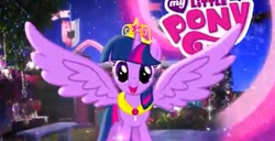 Size: 529x270 | Tagged: safe, screencap, character:twilight sparkle, character:twilight sparkle (alicorn), species:alicorn, species:pony, commercial, cute, female, happy, mare, my little pony logo, solo, spread wings, twiabetes, wings