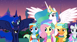 Size: 640x355 | Tagged: safe, screencap, character:applejack, character:fluttershy, character:princess celestia, character:princess luna, character:rainbow dash, character:rarity, episode:a canterlot wedding, g4, my little pony: friendship is magic, mlp-captions, youtube caption