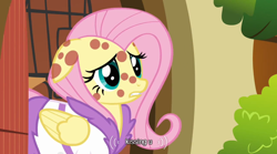 Size: 640x355 | Tagged: safe, screencap, character:fluttershy, episode:hurricane fluttershy, g4, my little pony: friendship is magic, implied kissing, pony pox, solo, youtube caption