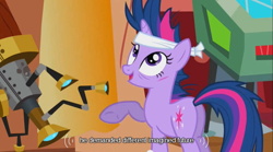 Size: 640x355 | Tagged: safe, screencap, character:twilight sparkle, species:pony, episode:it's about time, g4, my little pony: friendship is magic, female, headband, mare, plot, scar, solo, telescope, youtube caption
