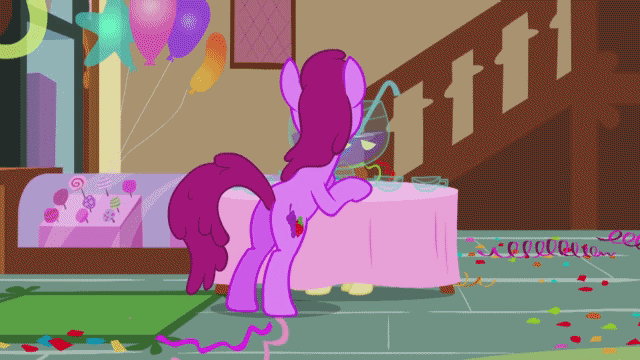 Size: 640x360 | Tagged: safe, screencap, character:berry punch, character:berryshine, episode:call of the cutie, g4, my little pony: friendship is magic, animated, balloon, bipedal leaning, bowl, confetti, cup, cute, drinking, glass, lollipop, messy, plot, punch (drink), punch bowl, table
