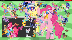 Size: 1366x768 | Tagged: safe, screencap, character:angel bunny, character:apple bloom, character:applejack, character:bon bon, character:braeburn, character:carrot cake, character:cheerilee, character:diamond tiara, character:fancypants, character:fleur-de-lis, character:fluttershy, character:little strongheart, character:lotus blossom, character:mare do well, character:mayor mare, character:minuette, character:nightmare moon, character:octavia melody, character:opalescence, character:photo finish, character:pinkie pie, character:pipsqueak, character:princess celestia, character:princess luna, character:rarity, character:scootaloo, character:screwball, character:sheriff silverstar, character:silver spoon, character:soarin', character:spike, character:spitfire, character:surprise, character:sweetie belle, character:sweetie drops, character:tank, character:trixie, character:uncle orange, character:winona, species:diamond dog, species:pegasus, species:pony, desktop ponies, desktop, linux, overcrowded, overcrowding, ponysay, terminal, too many ponies