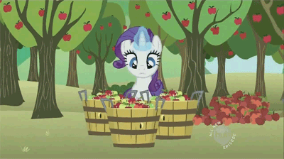 Size: 400x224 | Tagged: safe, screencap, character:rarity, episode:the super speedy cider squeezy 6000, g4, my little pony: friendship is magic, animated, apple, apple tree, bucket, food, hub logo, loop, magic, solo, telekinesis, tree