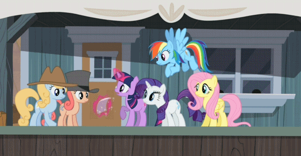 Size: 607x316 | Tagged: safe, screencap, character:fluttershy, character:pinkie pie, character:rainbow dash, character:rarity, character:twilight sparkle, species:earth pony, species:pegasus, species:pony, species:unicorn, episode:the last roundup, g4, my little pony: friendship is magic, animated, apricot bow, background pony, clothing, cornflower, cowboy hat, eyes closed, female, flying, glowing horn, hat, levitation, magic, magic aura, mare, pinkie being pinkie, pronking, telekinesis, top hat