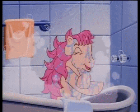 Size: 450x360 | Tagged: safe, screencap, character:patch (g1), g1, my little pony tales, animated, bath, bathtub, bubble, shower, solo