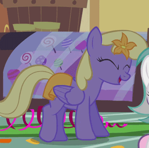 Size: 300x297 | Tagged: safe, screencap, character:orange blossom, character:prim posy, character:sweetie belle, species:pegasus, species:pony, episode:call of the cutie, g4, my little pony: friendship is magic, animated, background pony, clothing, cute, dancing, female, flower, flower in hair, happy, loop, mare, skirt, solo focus, streamers